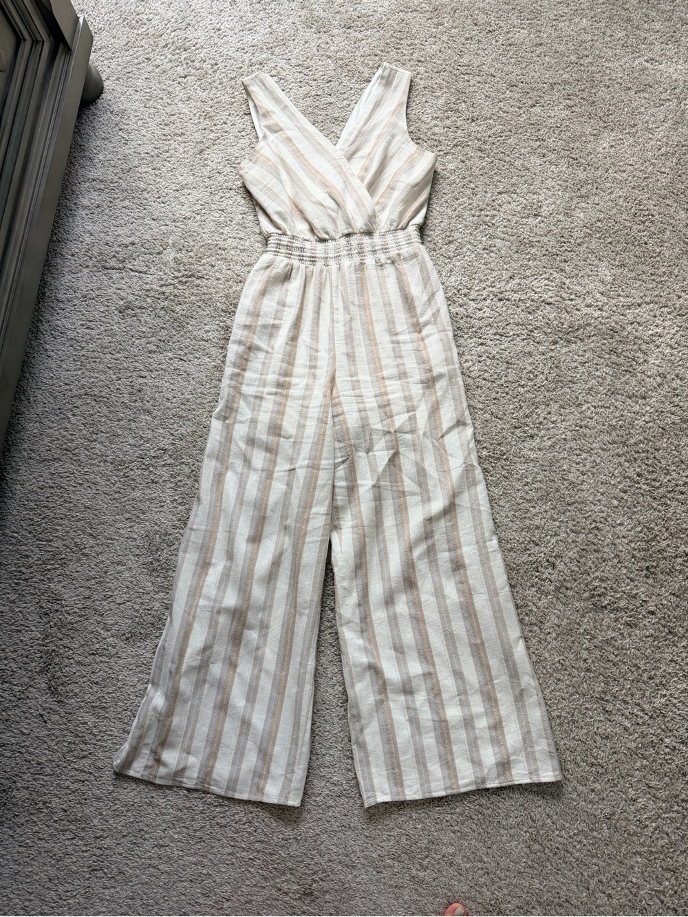 BCX Beige and White Striped Sleeveless Wide-Leg Jumpsuit size Medium